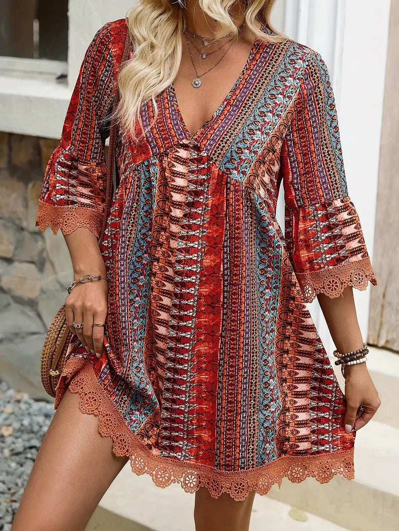 Bohemian Style V-neck Printed Dress Fashion Casual Loose Beach Dresses For Women