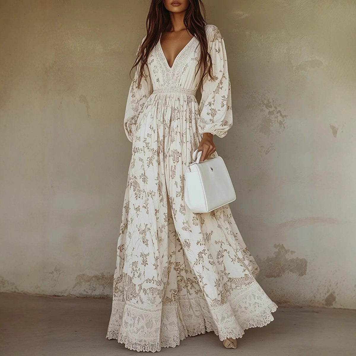 Elegant Women's Hollow Floor V-neck Long-sleeved Plant Dress Long Dresses Spring Summer Print V-neck Long Sleeve Dress