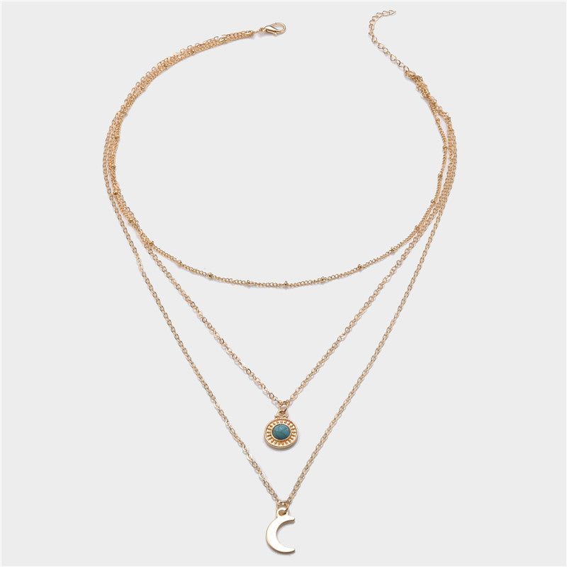 Turquoise Multilayer Necklace Metal Moon Pendant Necklace