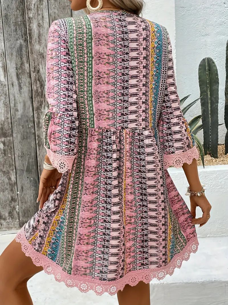 Bohemian Style V-neck Printed Dress Fashion Casual Loose Beach Dresses For Women